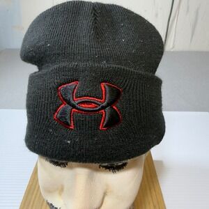 Under Armour Mens Black Red Embroidered Logo Cuffed Beanie Knit Hat One Size